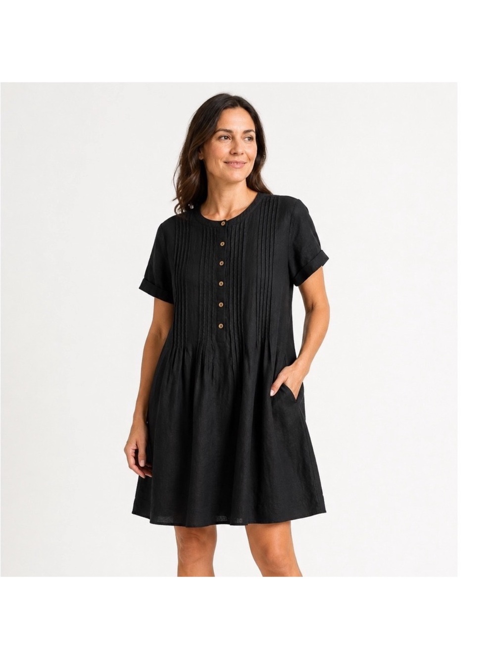 Quince 100% European Linen Short Sleeve Swing Dress; Medium; Black